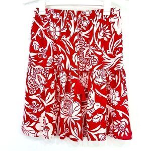 Knox Rose Red White Floral Bird Print Tassel Drawstring Tiered A Line Skirt